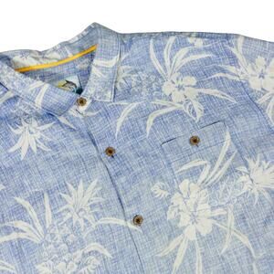 Tommy Bahama Linen Floral Leaf Hawaiian Blue Button Up Camp Shirt Men's XXL